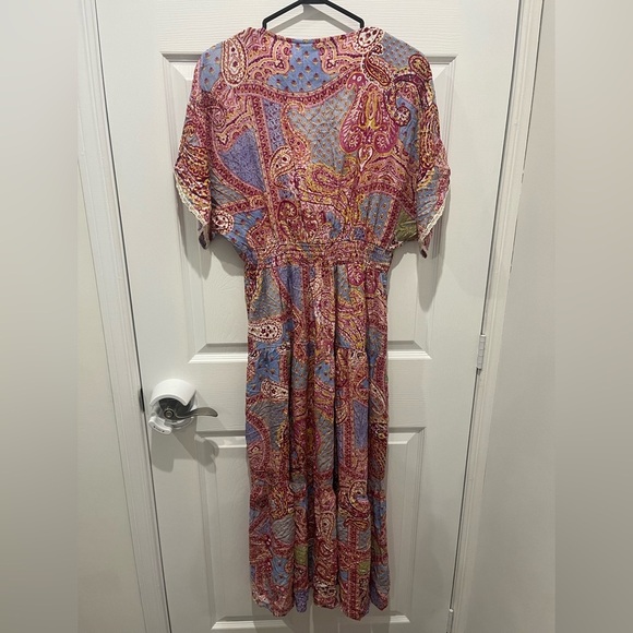 NWT Zara Multicolor Paisley Maxi Dress Large Bohemian Kimono Sleeves Lace Trim - Picture 5 of 6